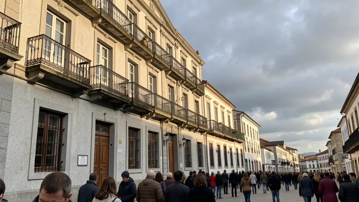 Imagen genérica de un ayuntamiento de granito en Galicia con balcones de hierro.