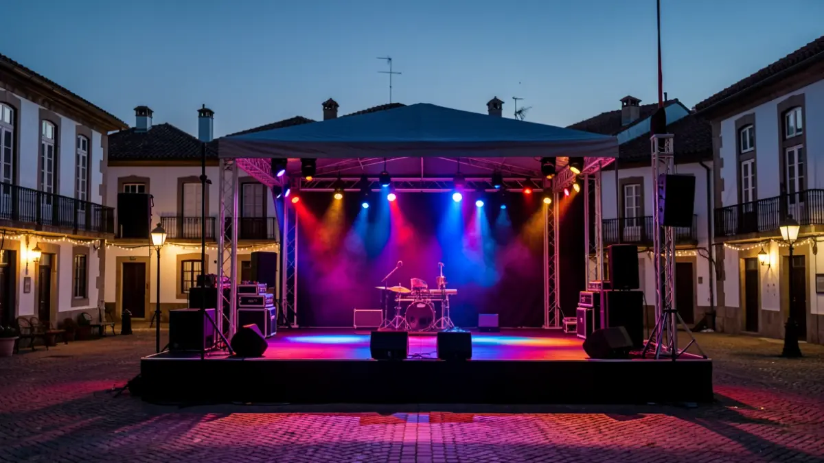 Imagen genérica de un escenario exterior en una plaza al atardecer, con luces de colores y edificios tradicionales gallegos de fondo.