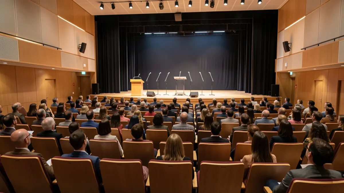 Imaxe xenérica dun auditorio baleiro con monicreque e cadeiras.