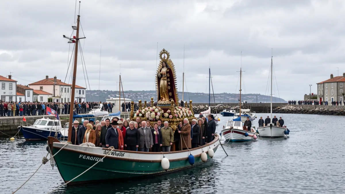 Imaxe dunha procesión marítima tradicional galega coa Virxe do Carmen nunha embarcación, rodeada doutras barcas, na ría de Ferrol.