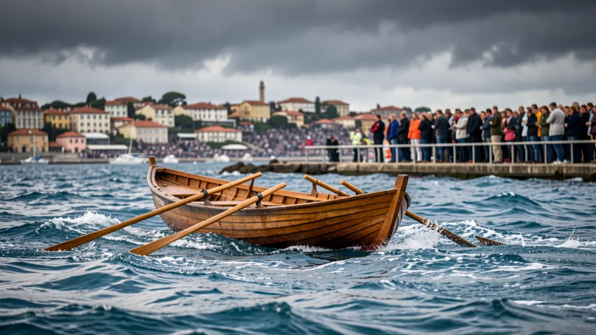 Imaxe dunha trainera competindo nunha regata con público na costa.