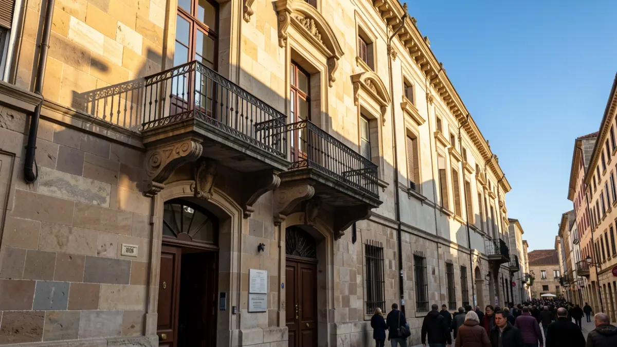 Imagen genérica de un ayuntamiento de piedra gallego con balcón ornamentado y barandillas de hierro, cálida luz solar de la tarde proyectando sombras en las paredes de arenisca, cielo azul, estilo fotográfico documental.