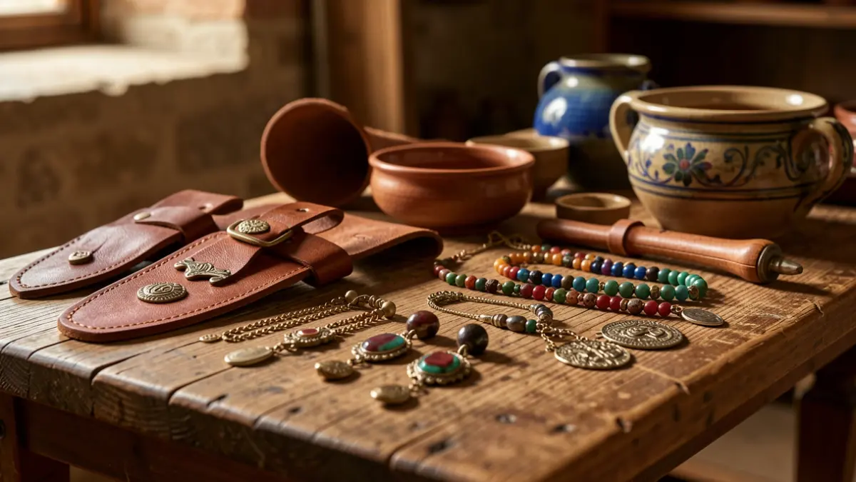 Imaxe xenérica de artesanía galega con pezas de coiro, bixutería e cerámica.