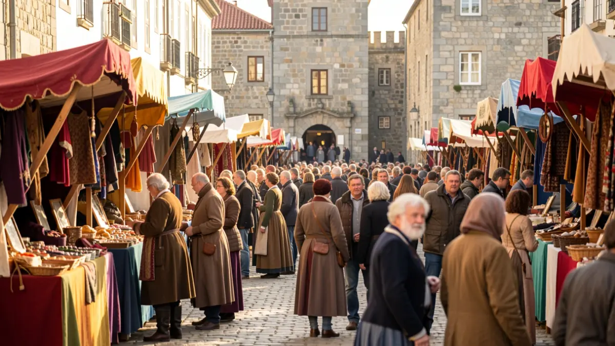 Imaxe dunha feira medieval na Cidade Vella da Coruña con postos de artesáns e xente.