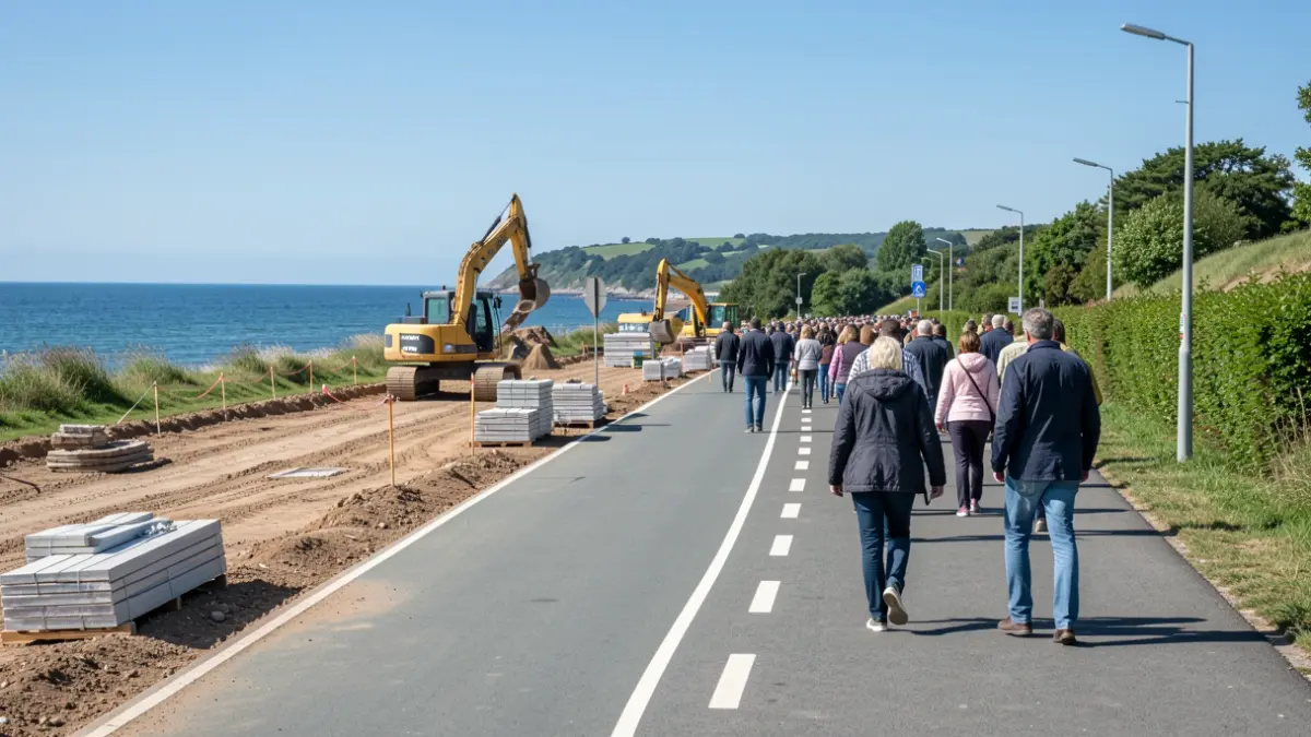 Imaxe dunha obra en construción dunha senda peonil e ciclista na costa.