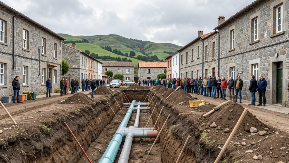 Imaxe xenérica de obras de saneamento nun pobo galego con edificios de pedra e colinas.
