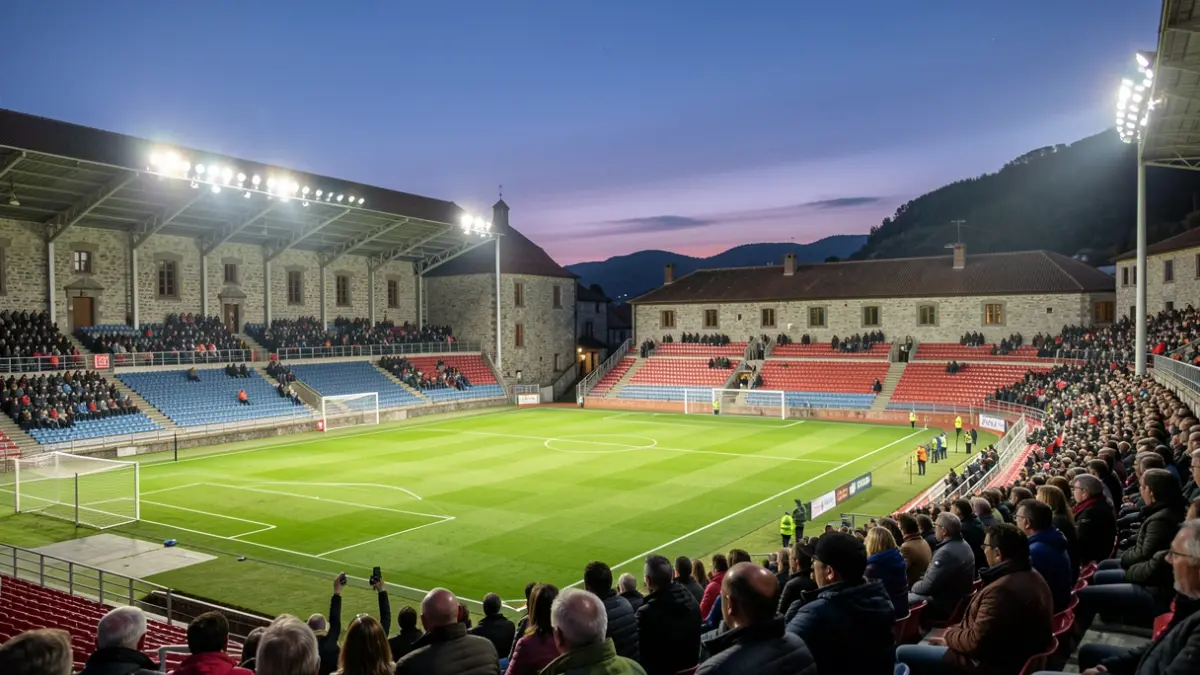 Imaxe xenérica dun estadio de fútbol galego baleiro pola noite.