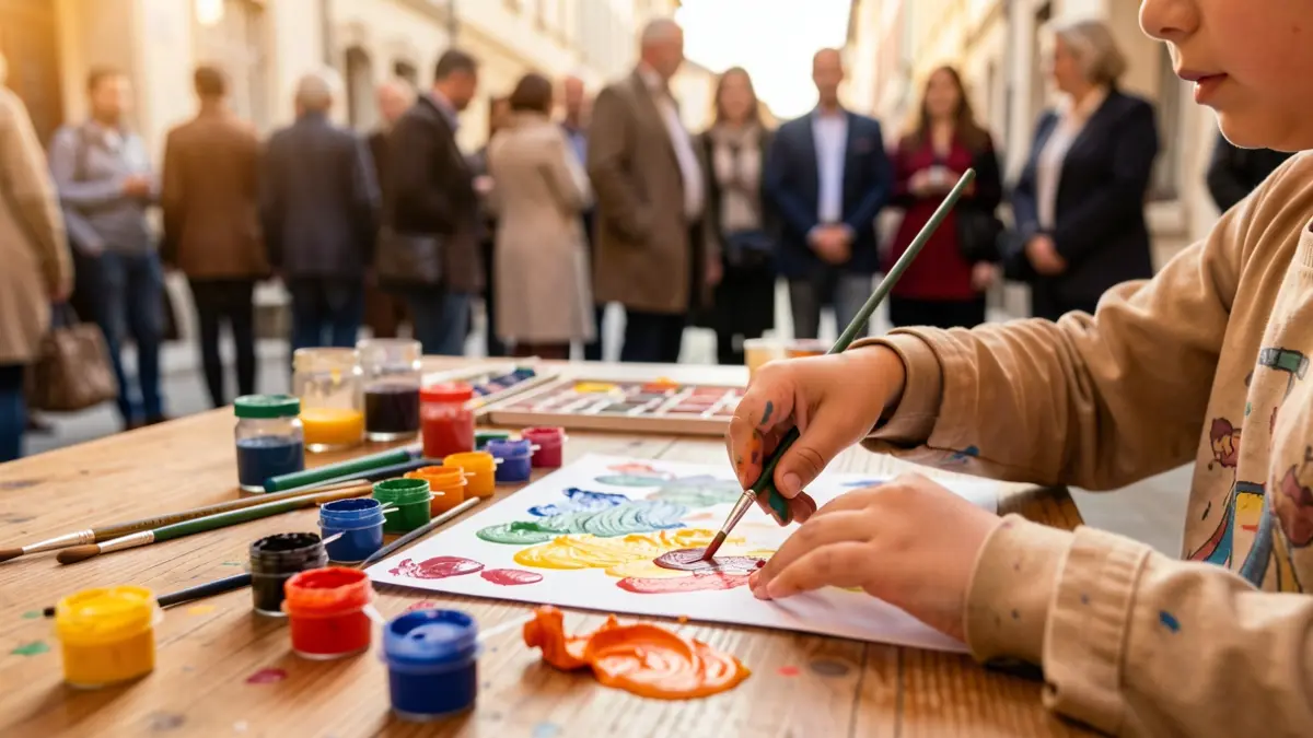 Imaxe xenérica de mans infantís creando arte con pinturas e pinceles.