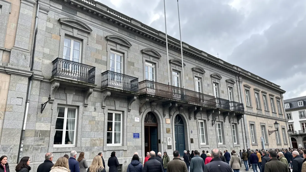 Imaxe xenérica dun concello galego de granito con balcóns de ferro.