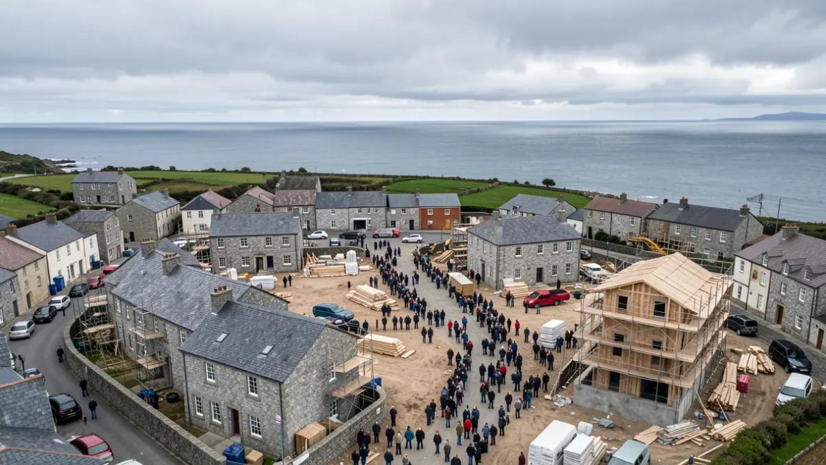 Vista aérea dun pobo costeiro galego con arquitectura de granito e casas construídas preto do mar.
