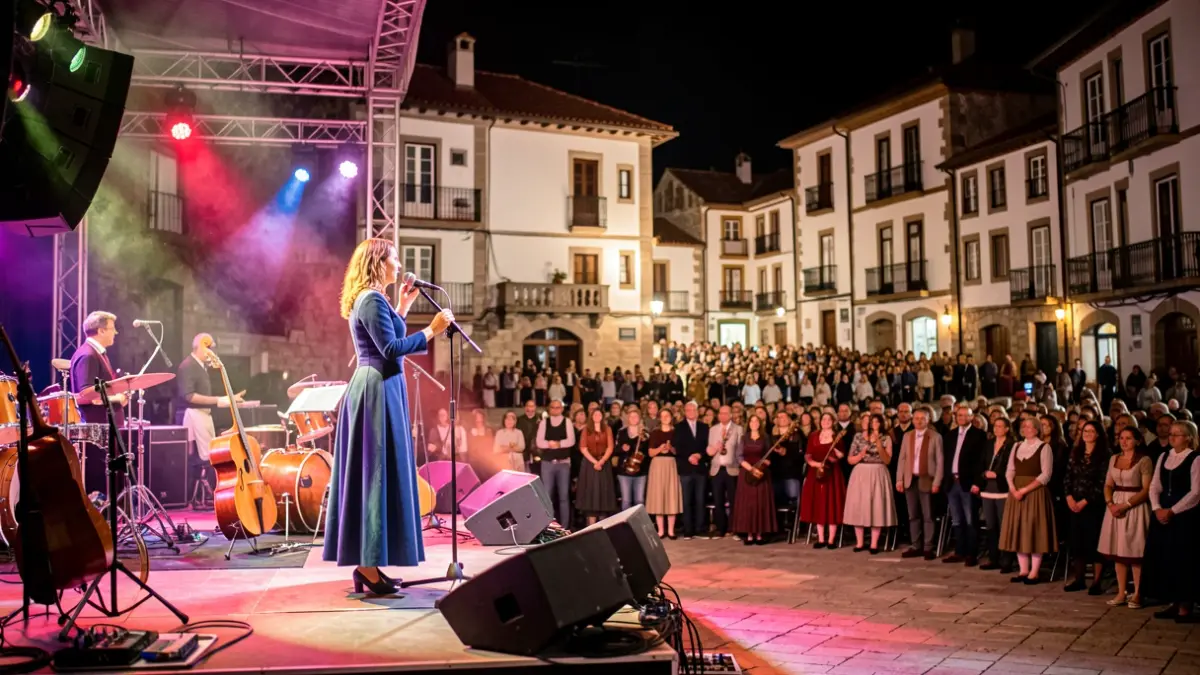 Imaxe dun concerto ao aire libre na praza dun concello galego pola noite, coa cantante e músicos no escenario.
