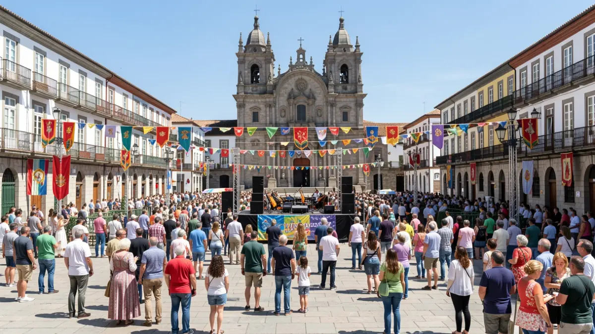 Imaxe xenérica da Praza da Quintana en Santiago de Compostela durante as Festas do Apóstolo, con xente e decoracións.