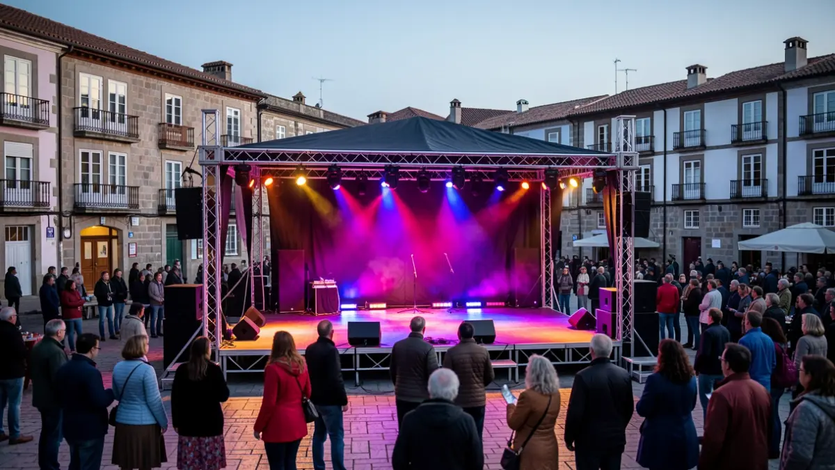 Imagen genérica de un escenario exterior en una plaza de Galicia al atardecer.