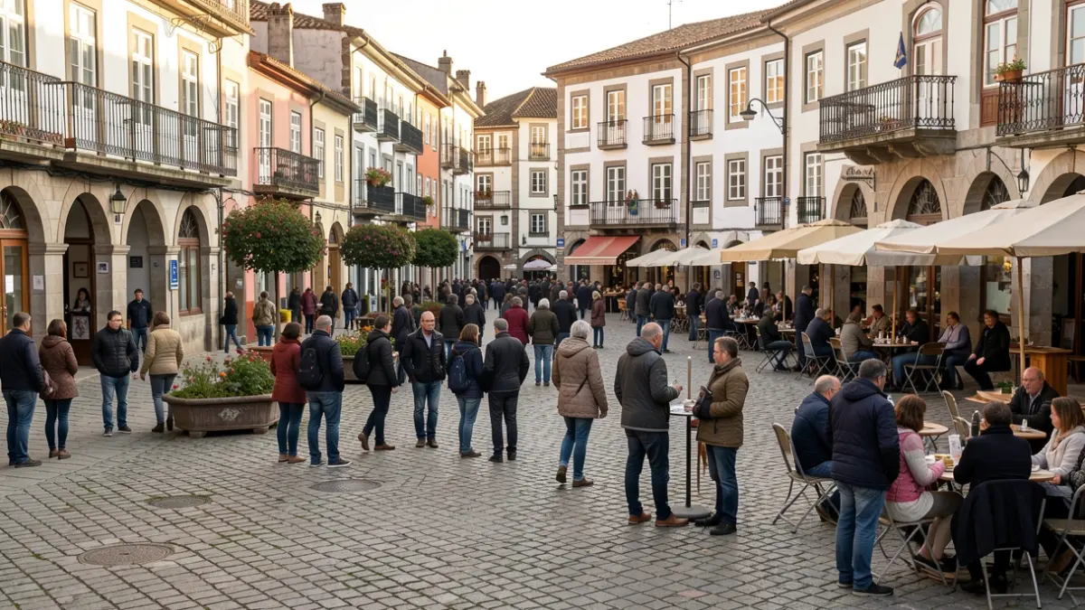 Imaxe xenérica dunha praza pública en Galicia con xente interactuando.