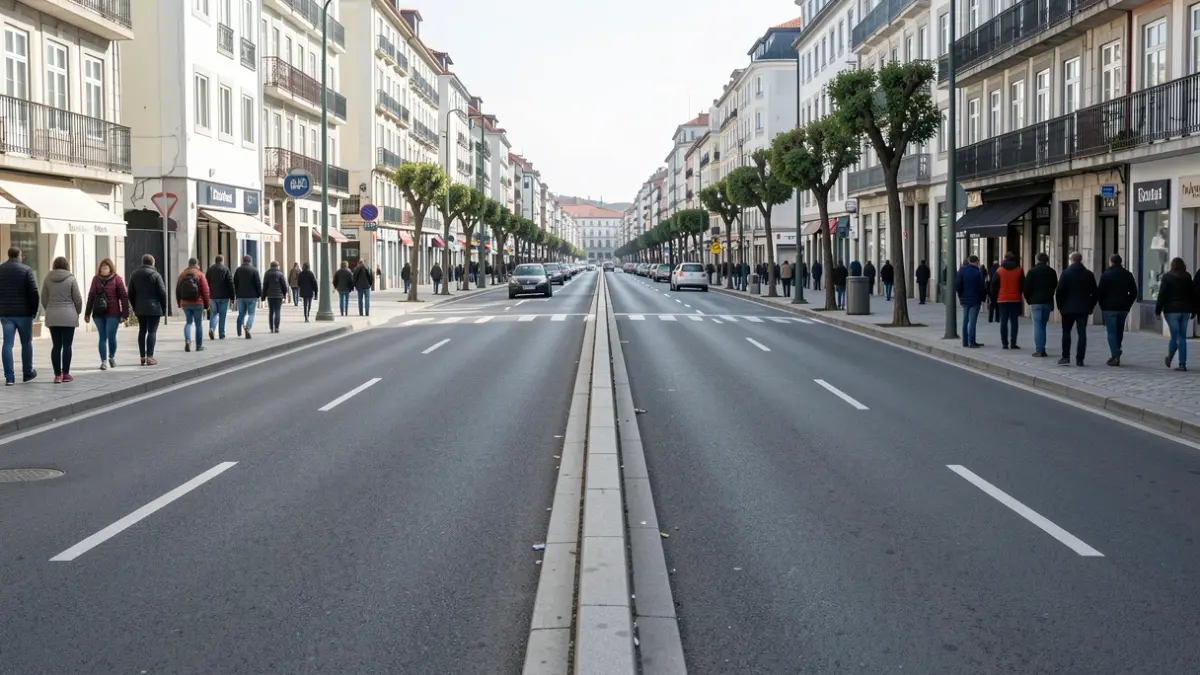 Imaxe dunha avenida baleira en A Coruña, con carrís en sentido contrario á circulación habitual.