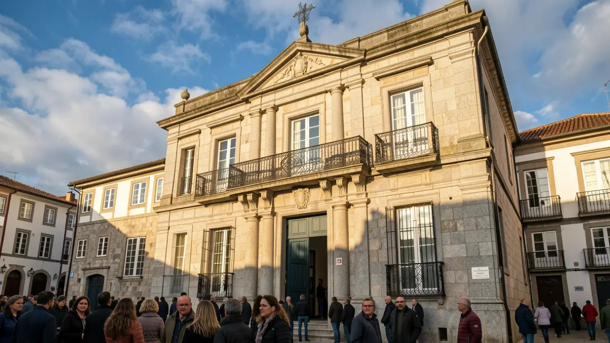 Imaxe xenérica dun concello galego de granito con balcón de ferro.
