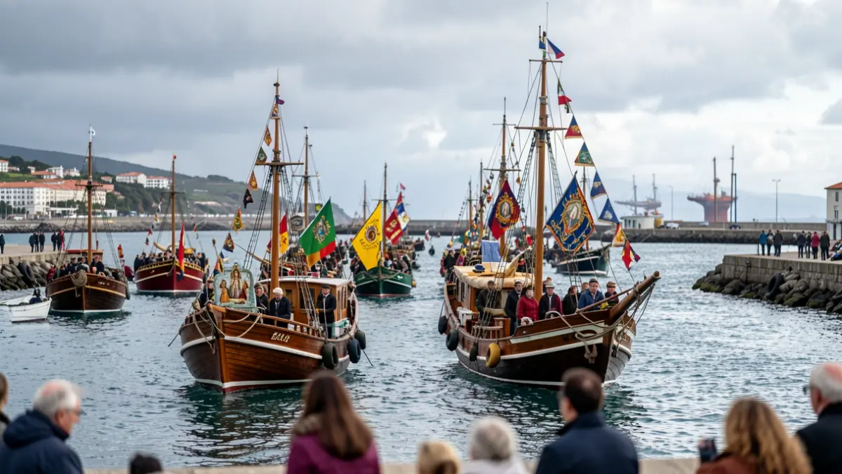 Imaxe dunha procesión marítima tradicional no porto de Vigo con barcos decorados e ceo nubrado.