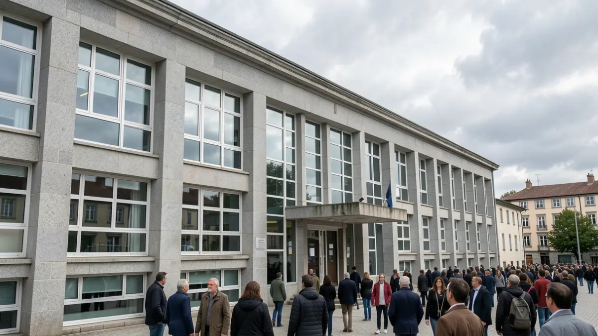 Imaxe xenérica dun edificio universitario de granito galego baixo un ceo nubrado.