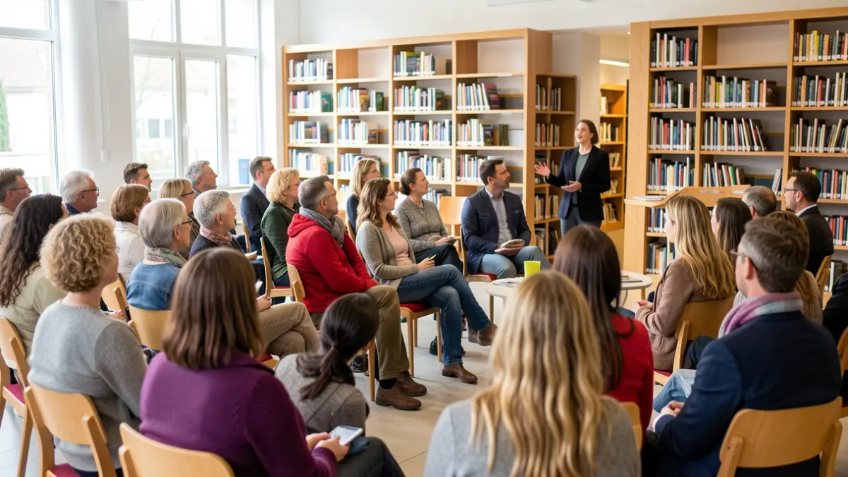 Imagen genérica de una sesión de cuentacuentos en una biblioteca moderna con público atento.