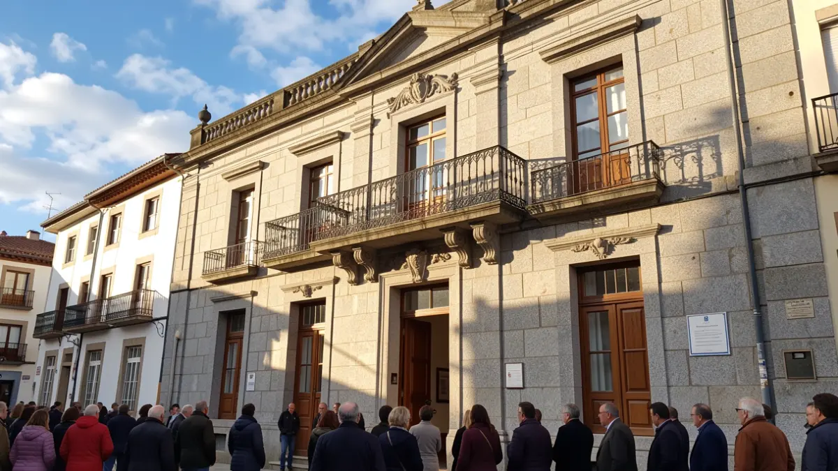Imaxe xenérica dun concello galego de granito con balcón ornamentado e raís de ferro, baixo a luz do sol da tarde.