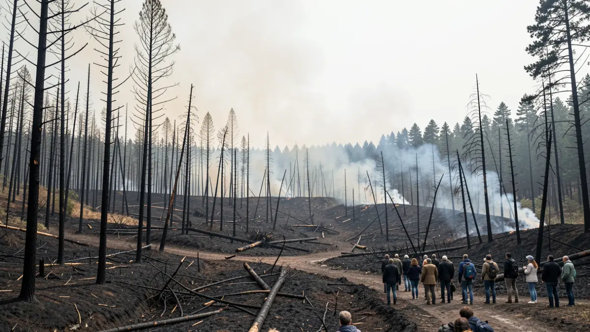 Imaxe xenérica de incendio forestal en Galicia, con árbores calcinadas e fume.