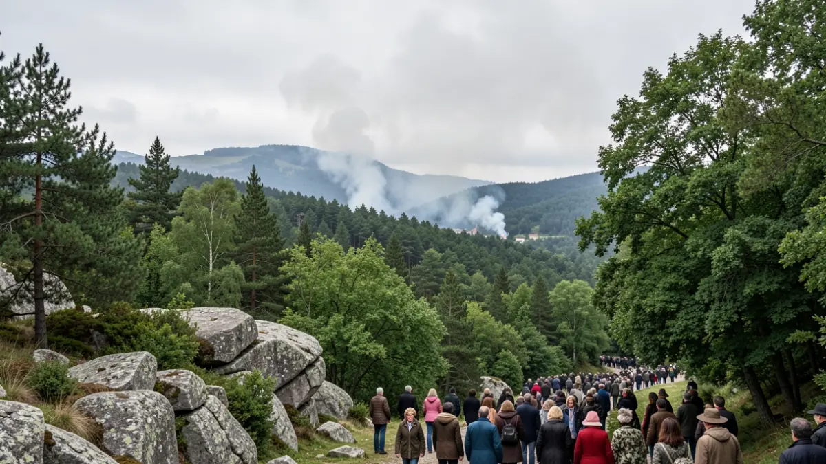Imaxe xenérica dunha paisaxe forestal galega con fume ascendendo dunha ladeira distante.