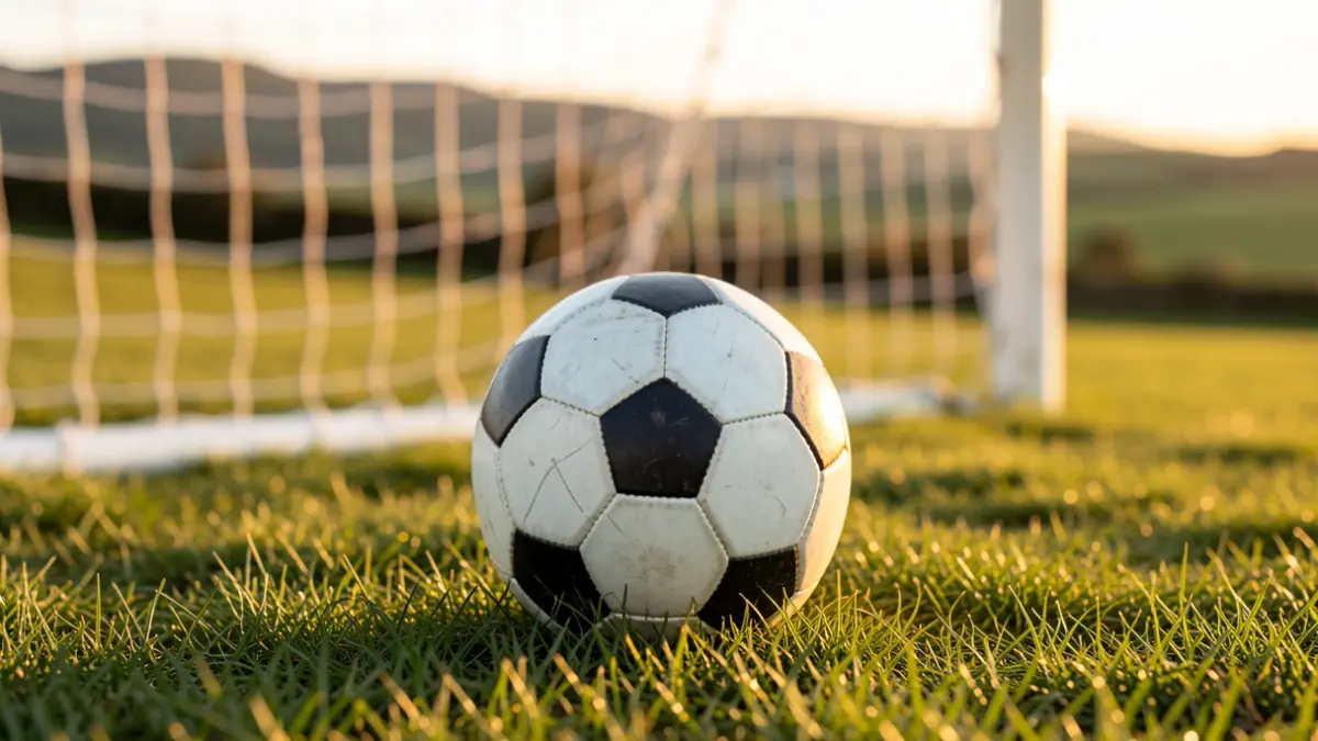 Imagen genérica de balón de fútbol sobre hierba con red borrosa al fondo.
