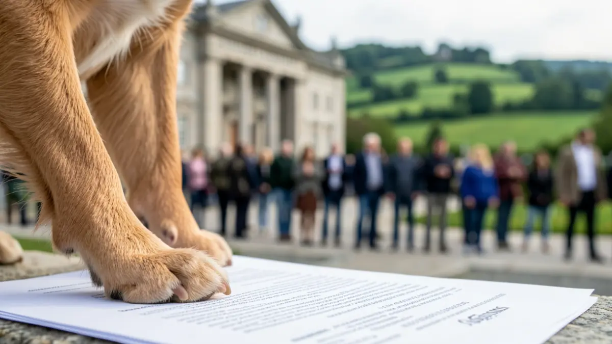 Imagen principal de una pata de perro sobre un documento oficial, con un fondo difuminado de un edificio institucional gallego.