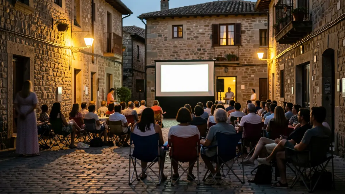 Imaxe dunha praza nunha vila galega durante un evento cultural ao aire libre.