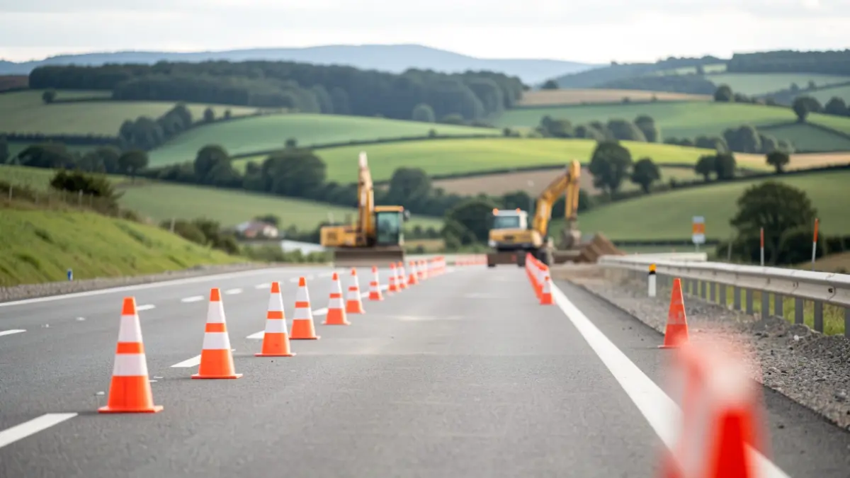 Imagen genérica de obras en una carretera con maquinaria y señalización.