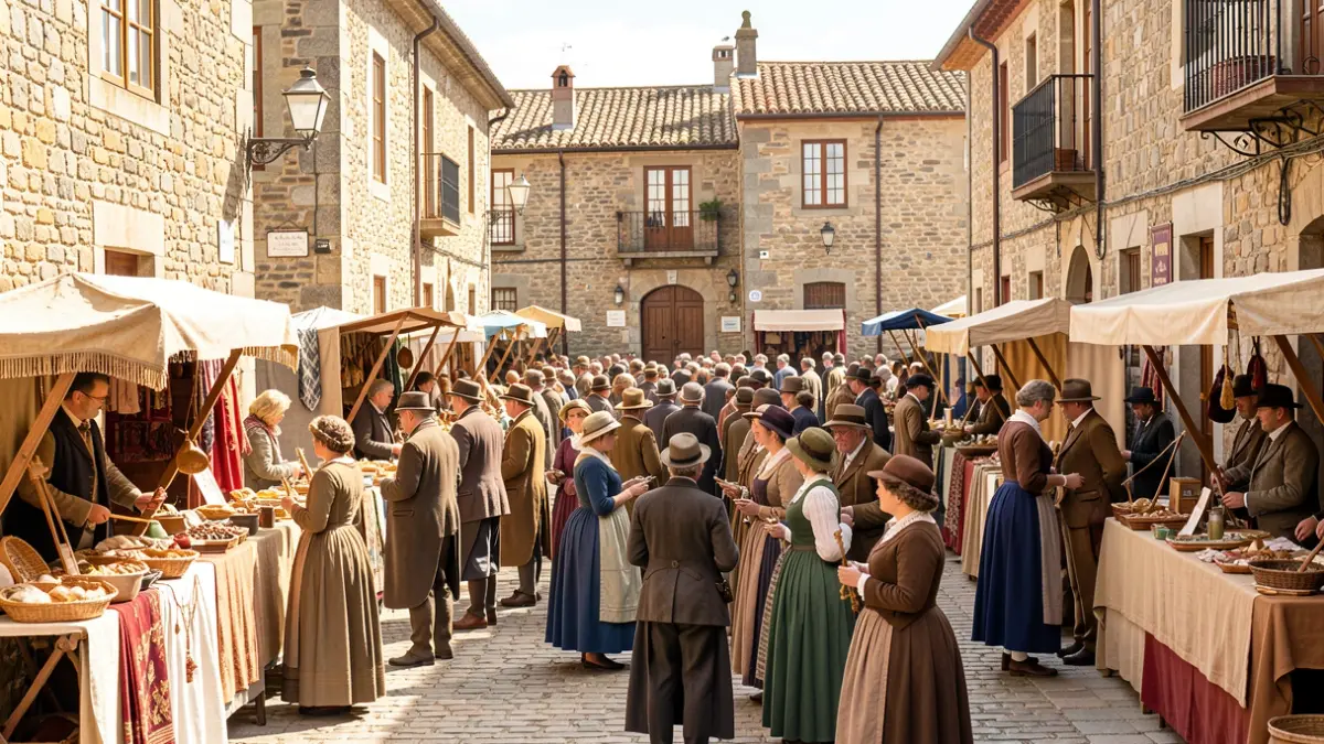 Imaxe dunha rúa de Curtis ambientada a principios do século XX durante a Feira 1900, con xente vestida de época e postos de artesanía.