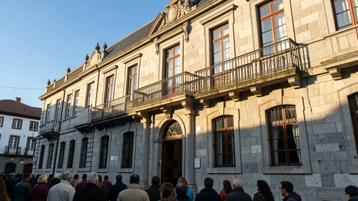 Imagen genérica de un ayuntamiento gallego de granito con balcón y barandillas de hierro, bajo la luz del sol de la tarde.