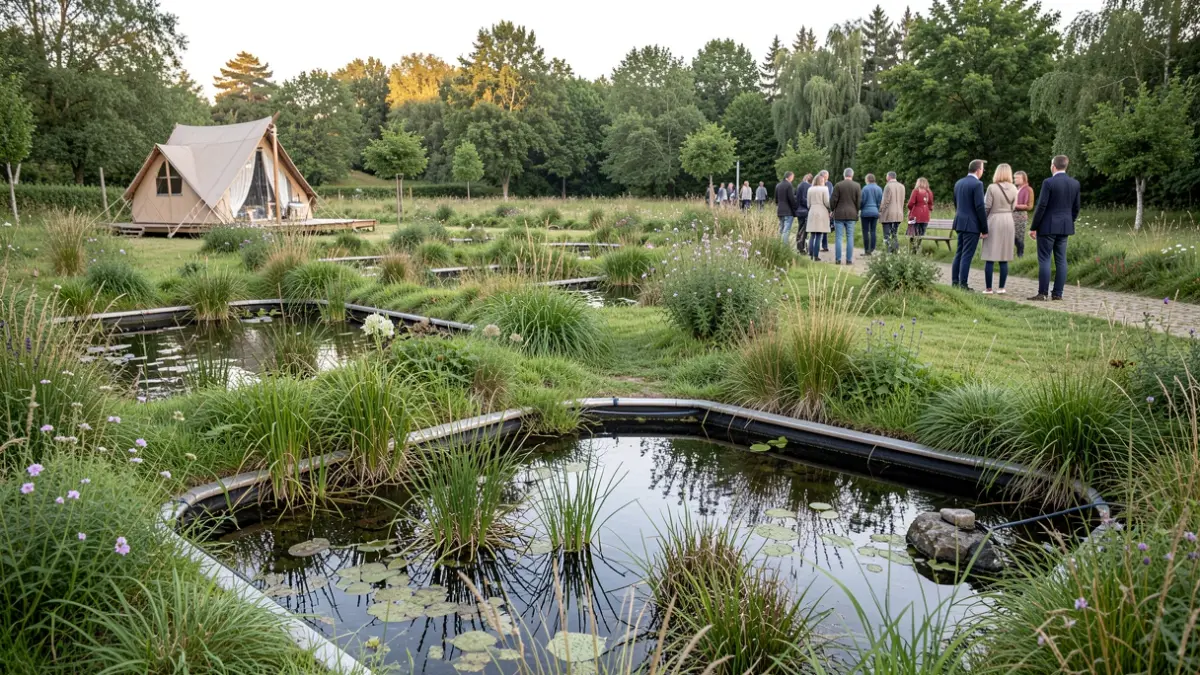 Imagen de un sistema de depuración por lagunaje integrado en un paisaje natural con vegetación y balsas de agua.