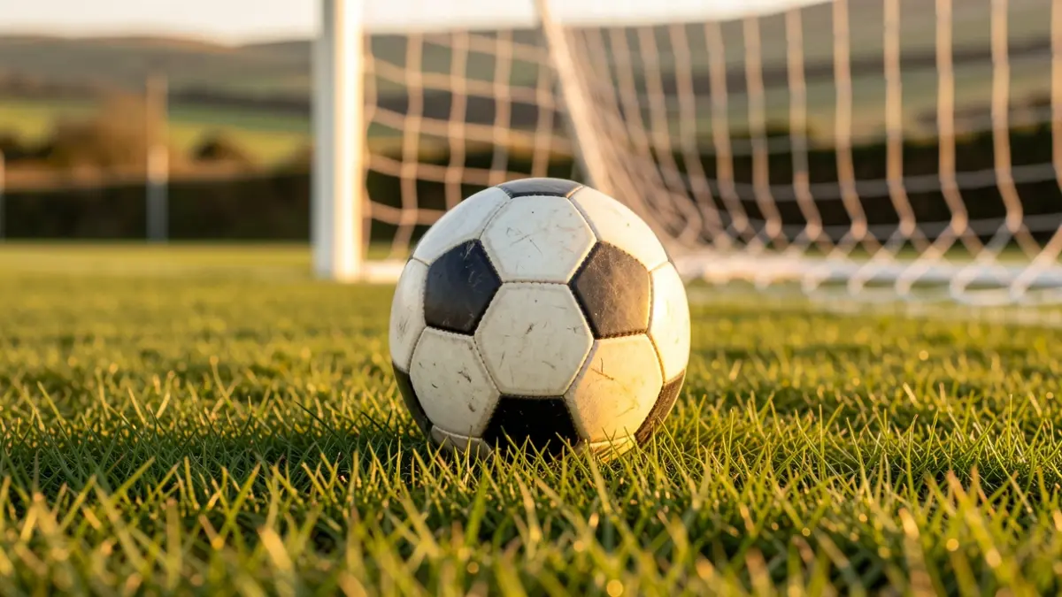 Imagen genérica de un balón de fútbol sobre césped con una portería desenfocada.