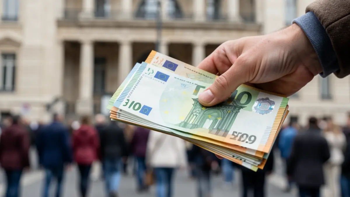Primeira imaxe dunha man sostendo billetes de euro cunha construción pública difuminada ao fondo.