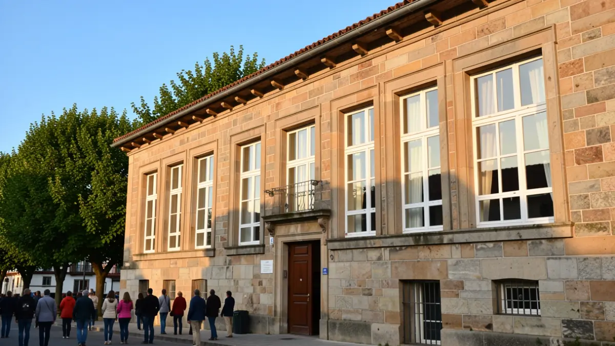 Imagen de una escuela de música en Catoira, Galicia, con arquitectura de piedra y luz solar.