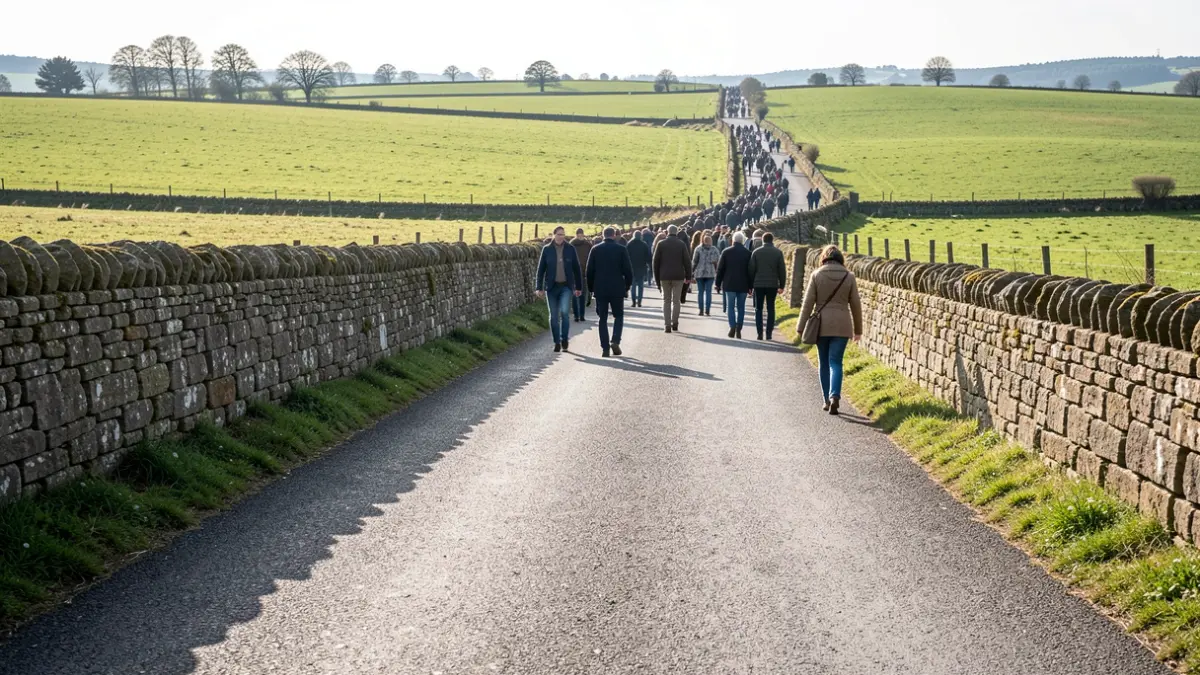 Imagen genérica de un camino rural pavimentado en Galicia con muros de piedra y campos verdes.
