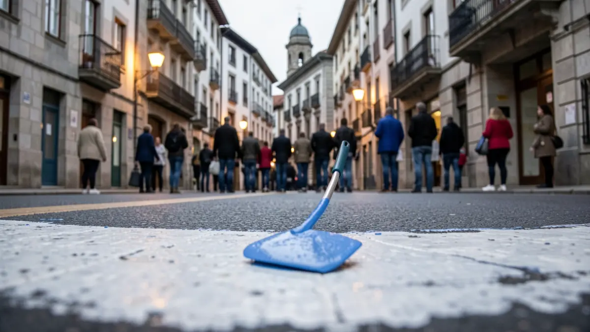 Pintura de sinalización viaria aplicándose sobre asfalto nun pobo galego con edificios de granito ao fondo.