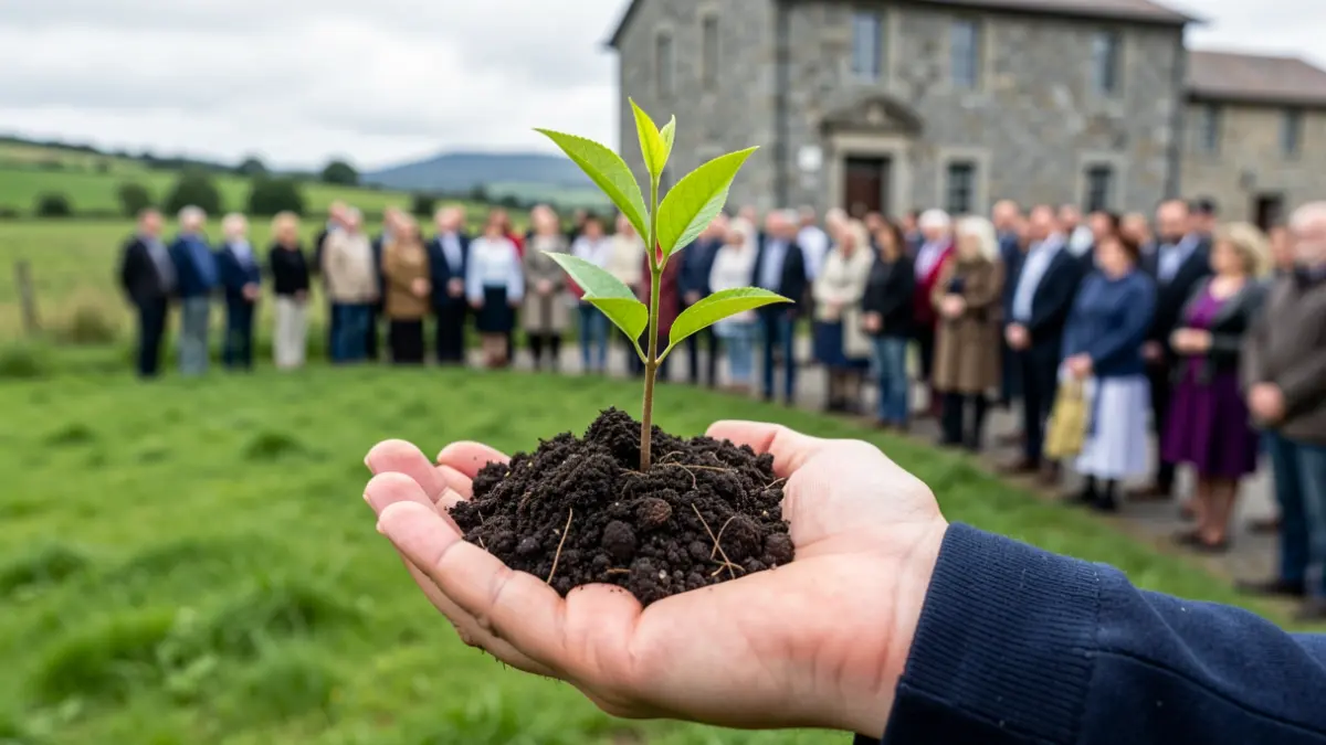 Primeira planta dunha árbore nova en terra fértil, con campos verdes e un edificio de granito ao fondo, simbolizando o crecemento e o desenvolvemento local.