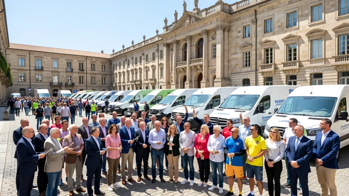 Imagen genérica de vehículos de transporte y gente celebrando.