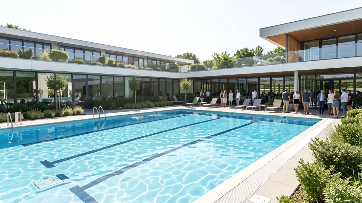 Imaxe xenérica dunha moderna piscina municipal con auga cristalina e arquitectura contemporánea.