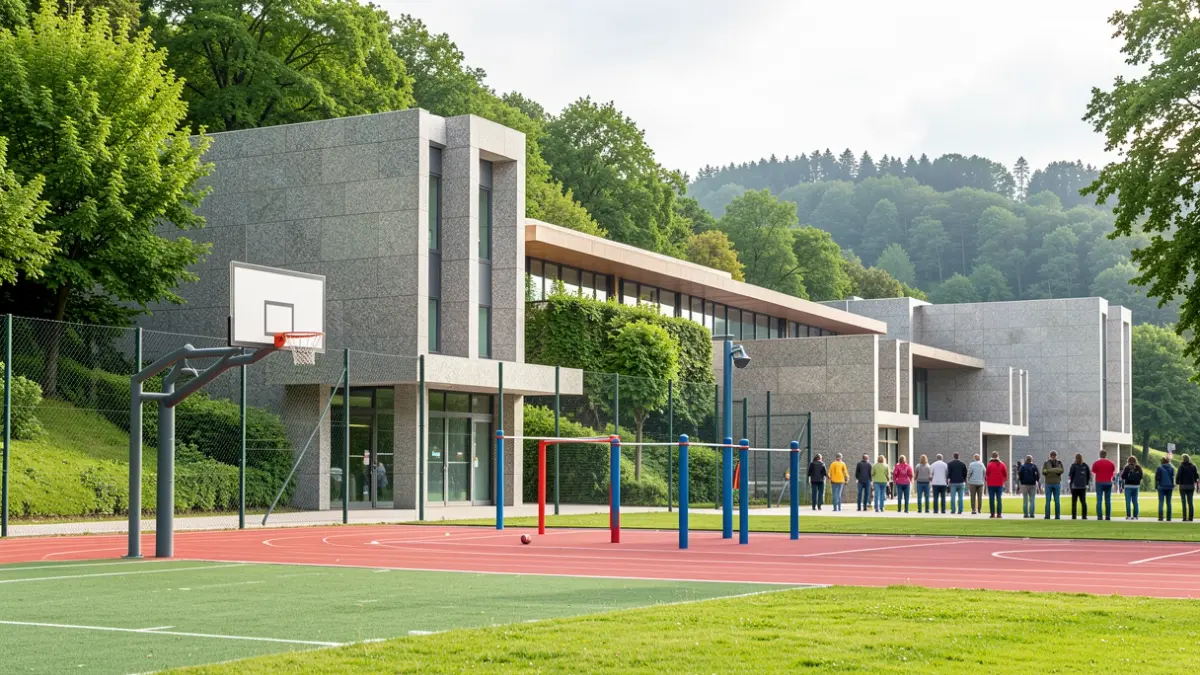 Imaxe xenérica dunha moderna instalación deportiva galega con elementos arquitectónicos de granito e contorna verde.