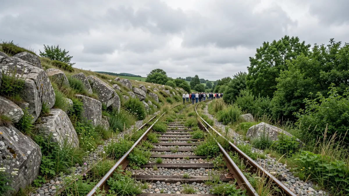 Imagen de un tramo de vía de tren en desuso cubierto de vegetación verde, que se pierde en la distancia bajo un cielo nublado.