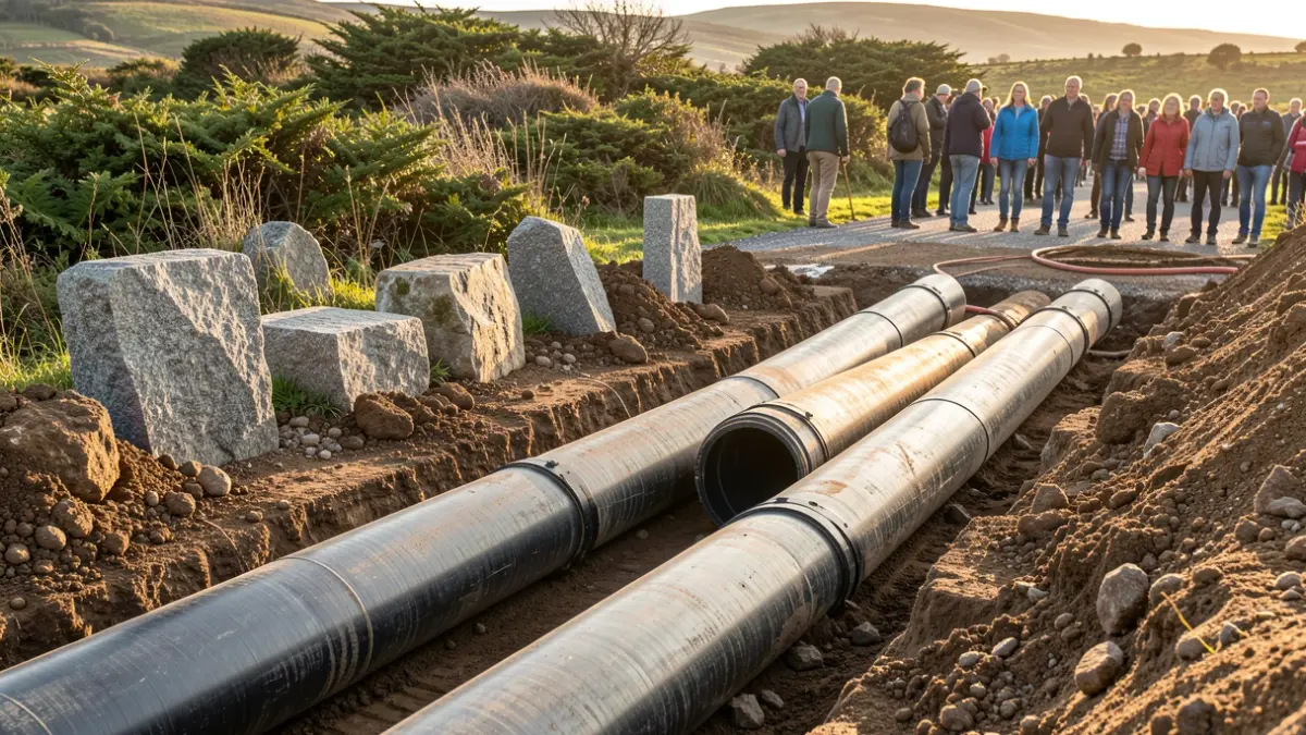 Imaxe xenérica de obras na rúa Fontecarmoa, Vilagarcía de Arousa, con maquinaria e materiais de construción.