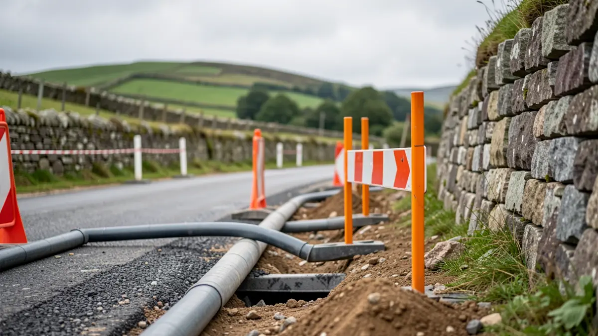 Imagen genérica de obras de construcción de carreteras en Galicia con barreras de seguridad y tuberías de drenaje.