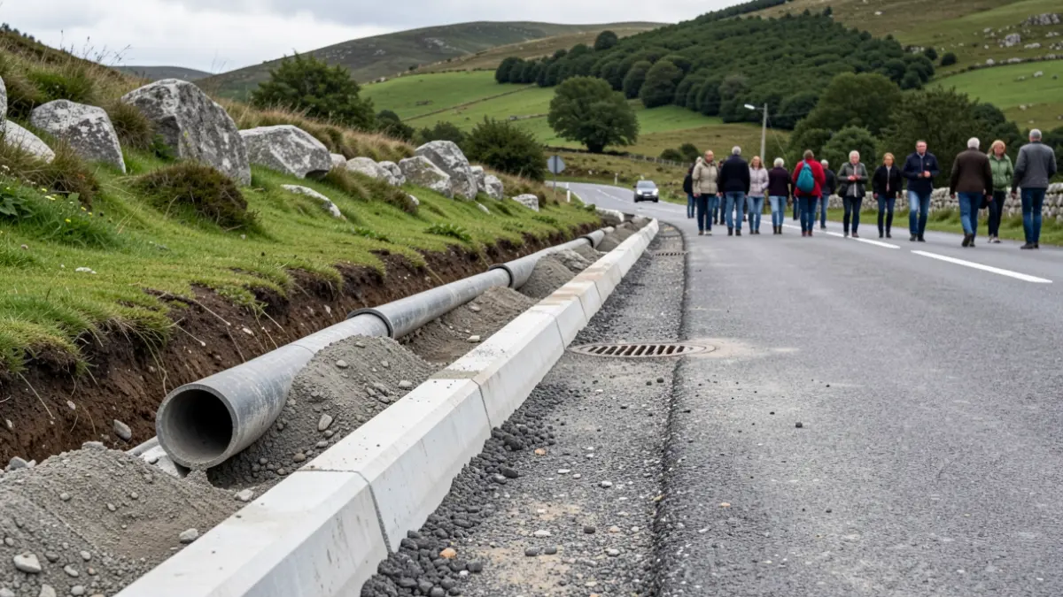 Imagen genérica de obras en la carretera provincial EP-7203 en Forcarei, con nuevas cunetas y sistemas de drenaje.