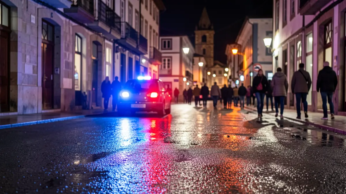 Imagen genérica de luces de emergencia azules y rojas reflejando en una calle mojada por la noche.
