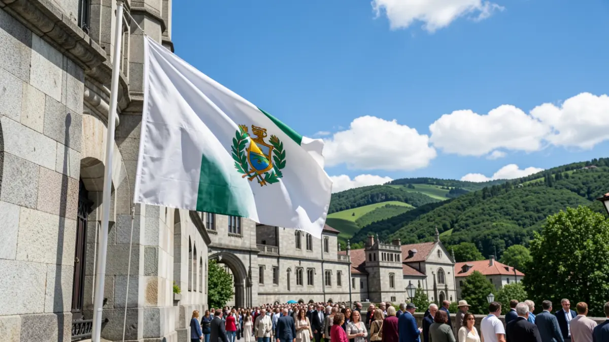 Imaxe xenérica da bandeira de Galicia ondeando fronte a arquitectura de granito e outeiros verdes.