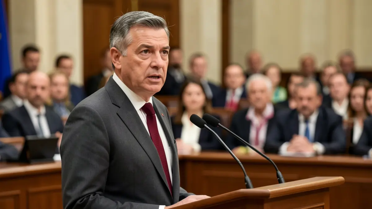 Imaxe dun conselleiro galego falando nun atril nunha sala de conferencias formal.