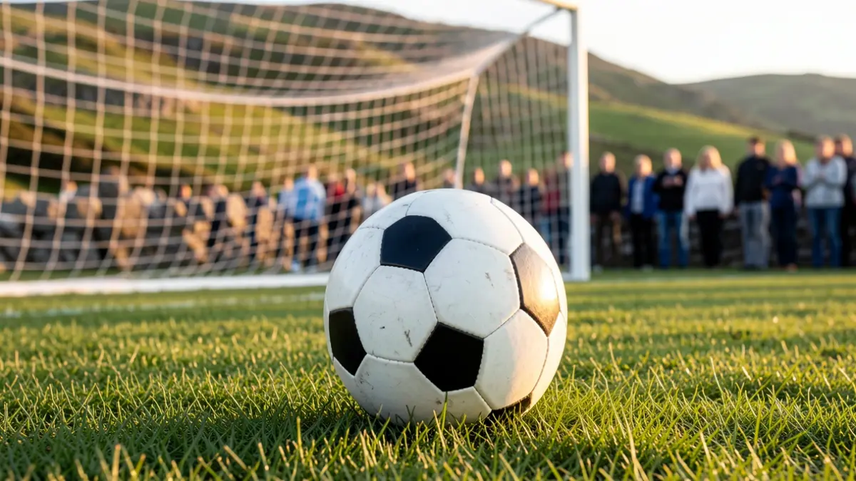 Imaxe xenérica dun balón de fútbol sobre herba cunha portería desenfocada ao fondo.